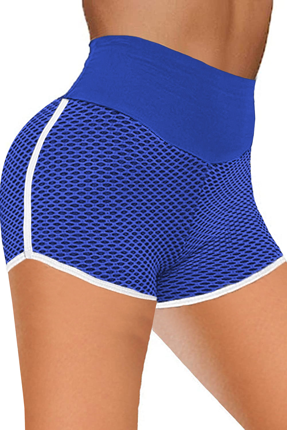 Blue High Waist Honeycomb Contrast Stripes Butt Lifting Yoga Shorts