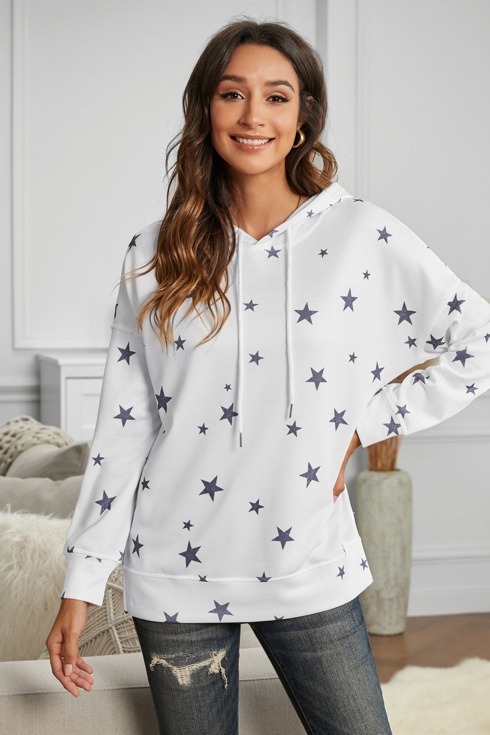 White Star Print Hoodie with Side Slits