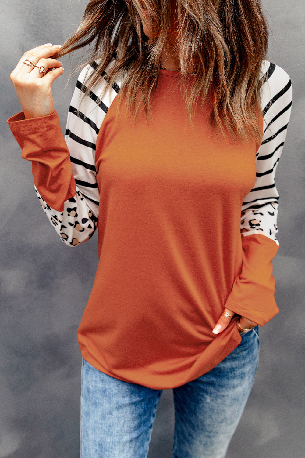 Orange Striped Animal Print Colorblock Long Sleeve Top