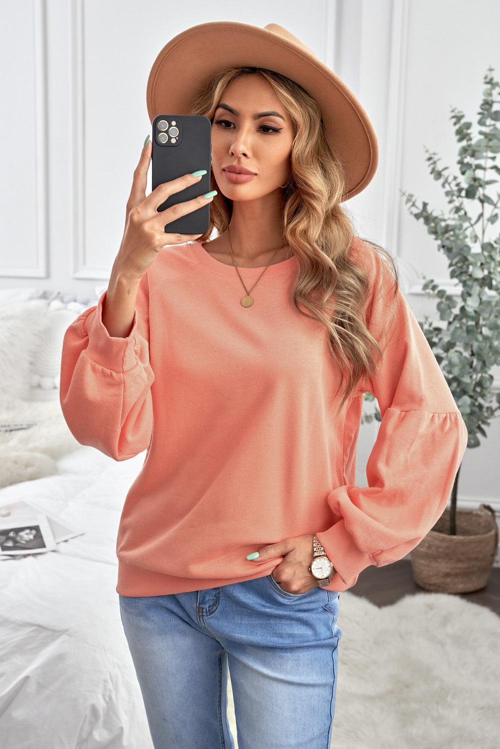 Orange Raglan Patchwork Sleeve Pullover Sweatshirt