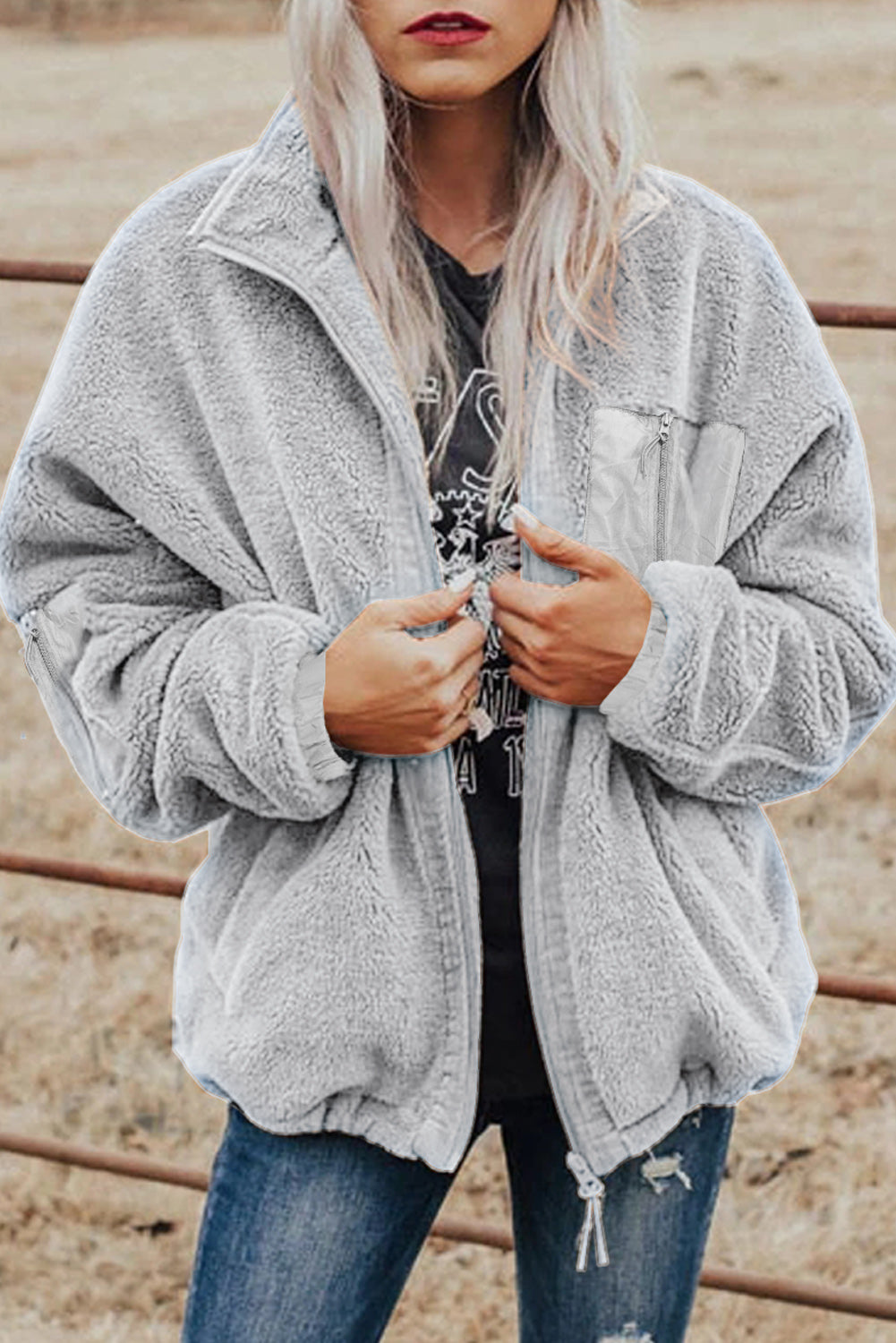 Gray Zip Up Sherpa Coat with Pocket