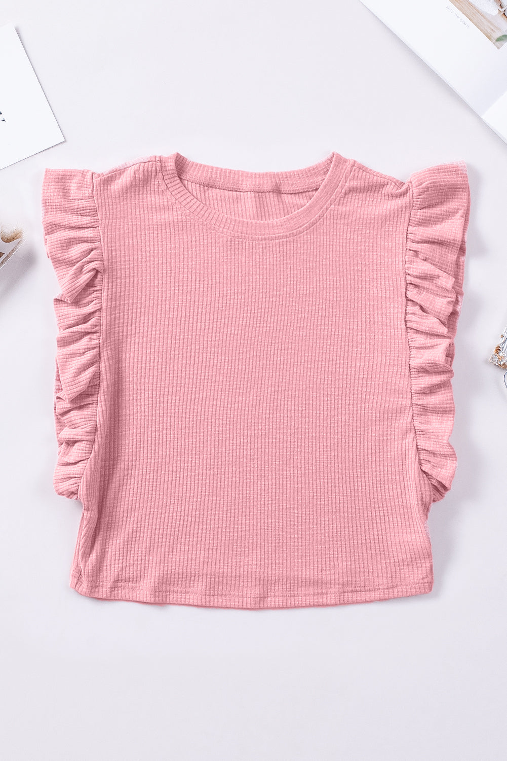 Pink Ruffled Crew Neck Crop Top