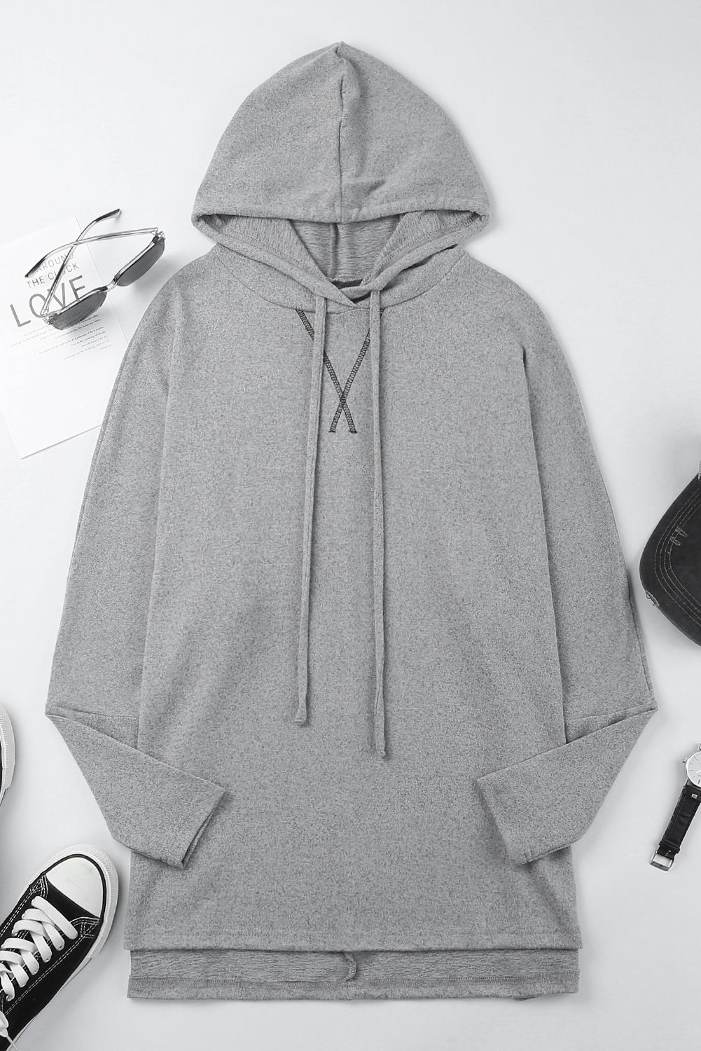 Gray Loose Drawstring Pullover Hoodie