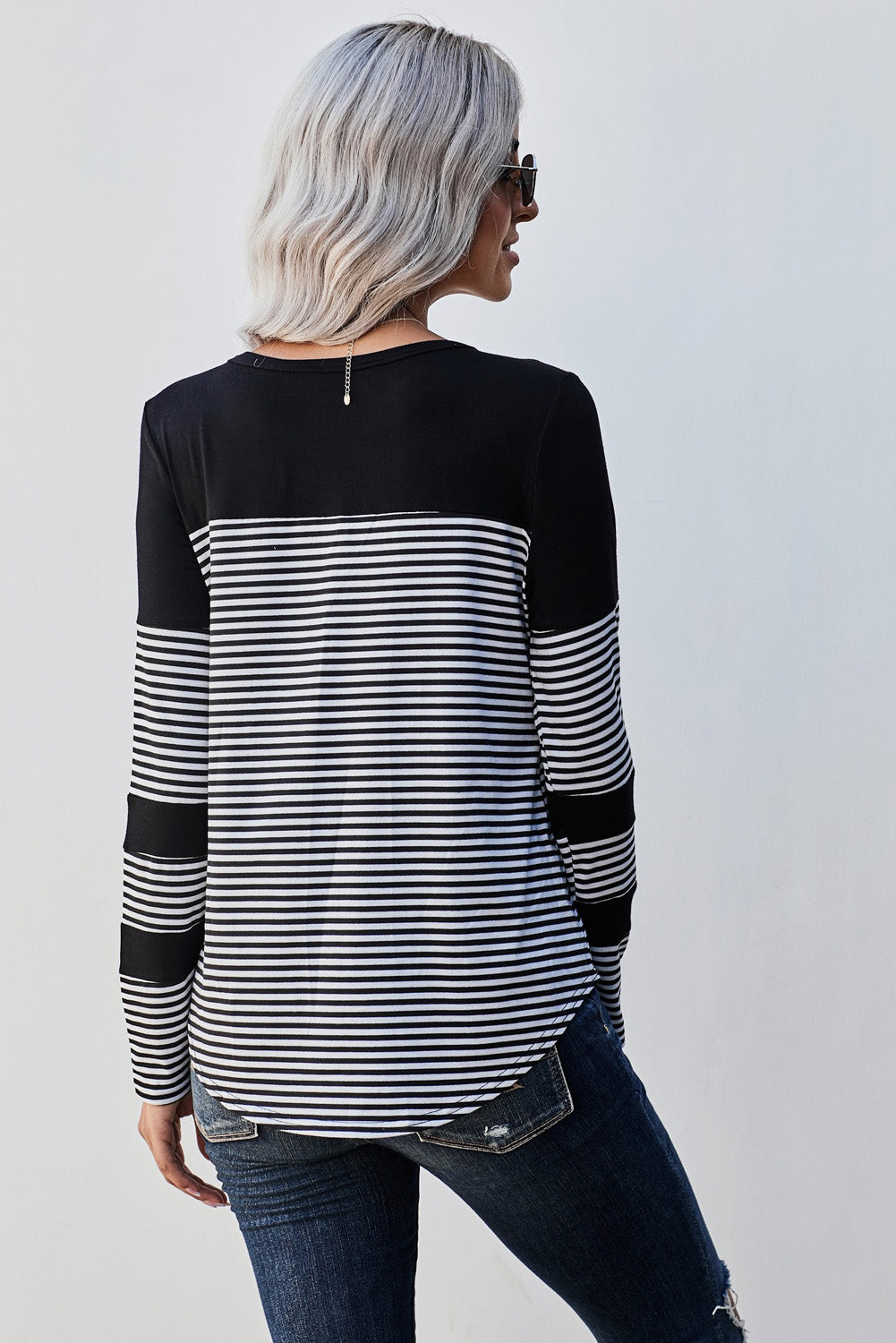 Black Pinstripe Patch Pocket Top