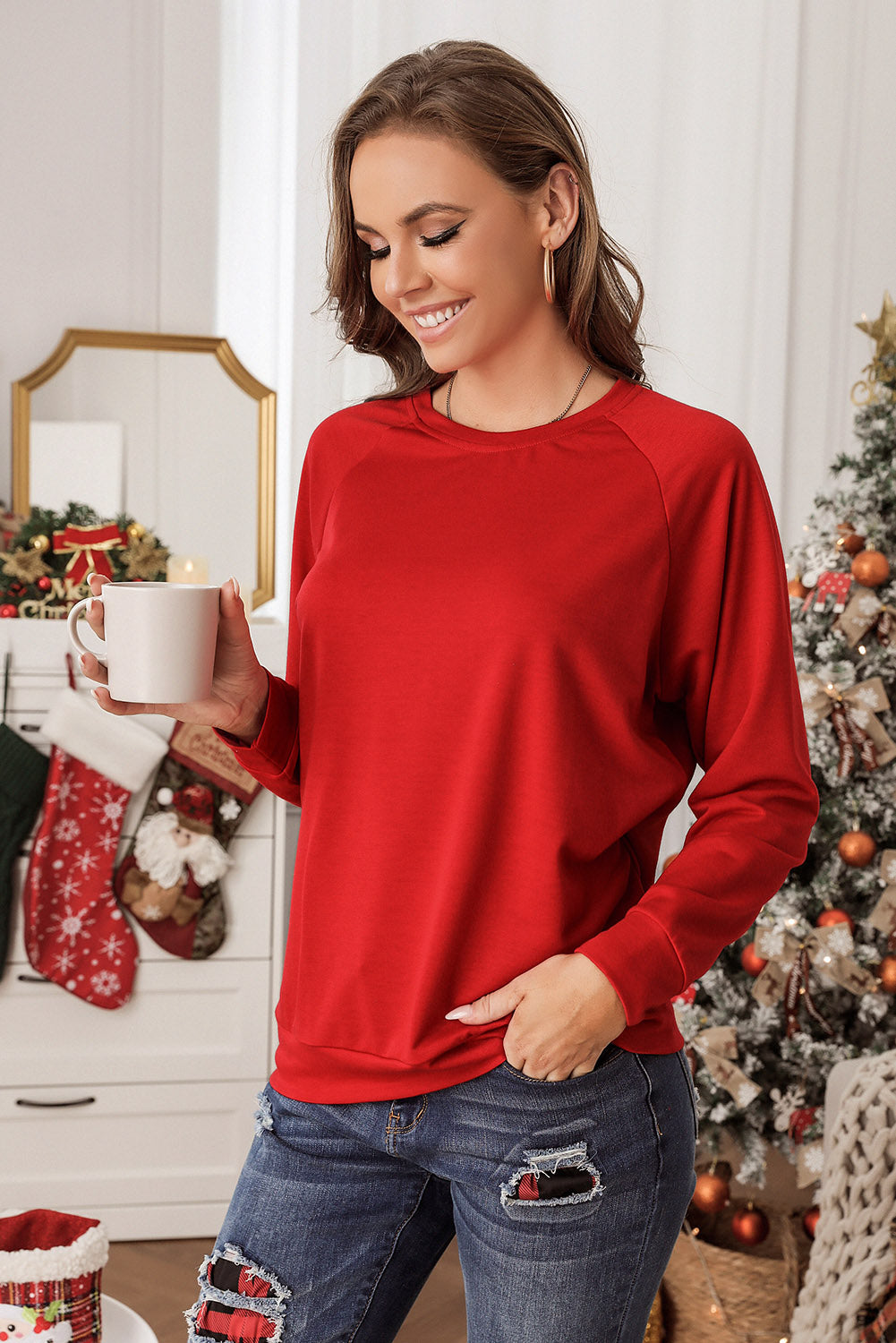 Fiery Red Solid Round Neck Raglan Sleeve Sweatshirt