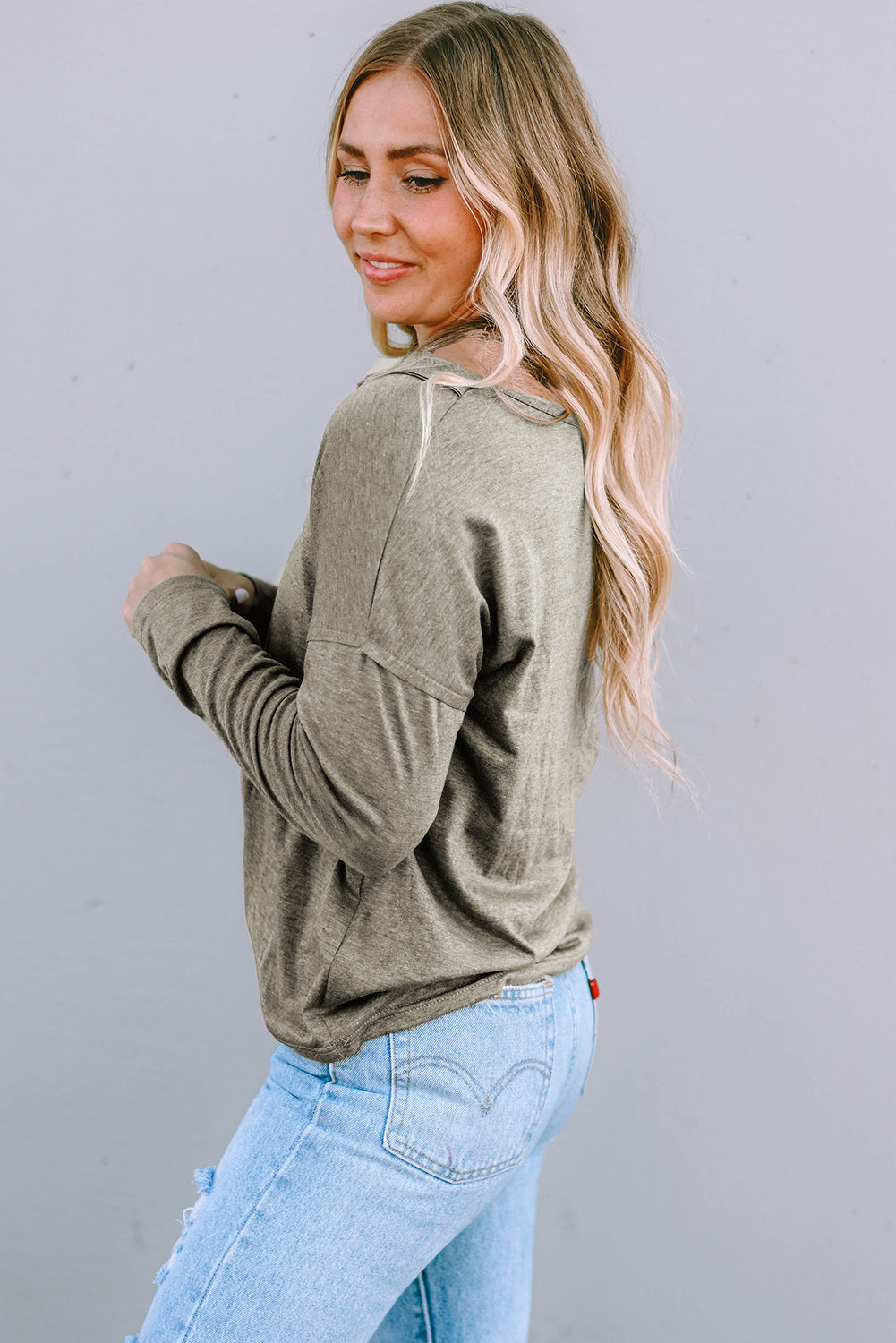 Khaki Long Sleeve V-Neck Stitching Henley Top