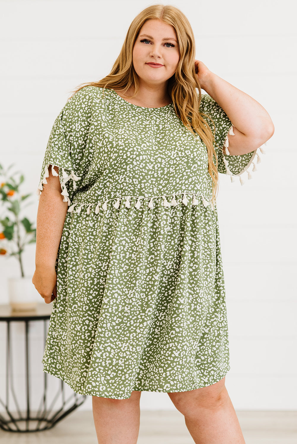 Green Plus size Leopard Tassel Dress