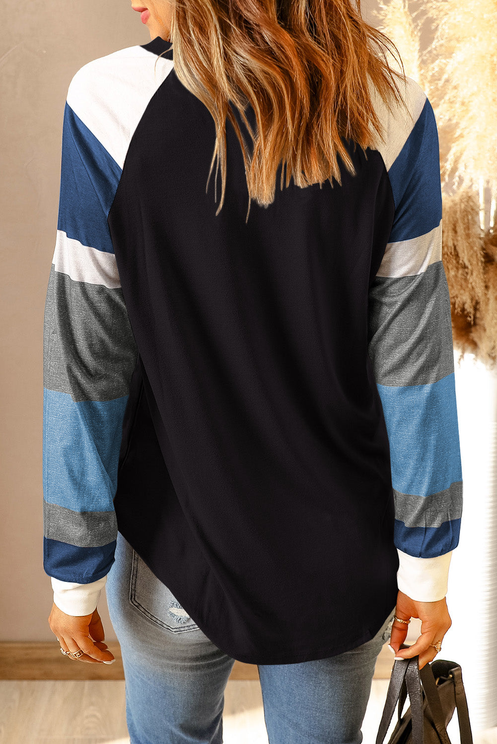 Color Block Long Sleeves Black Pullover Top