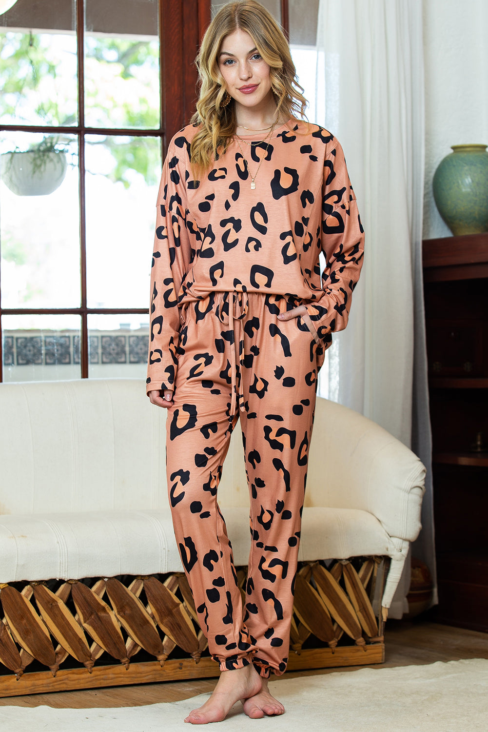 Pale Chestnut Leopard Long Sleeve Top and Drawstring Pants Set