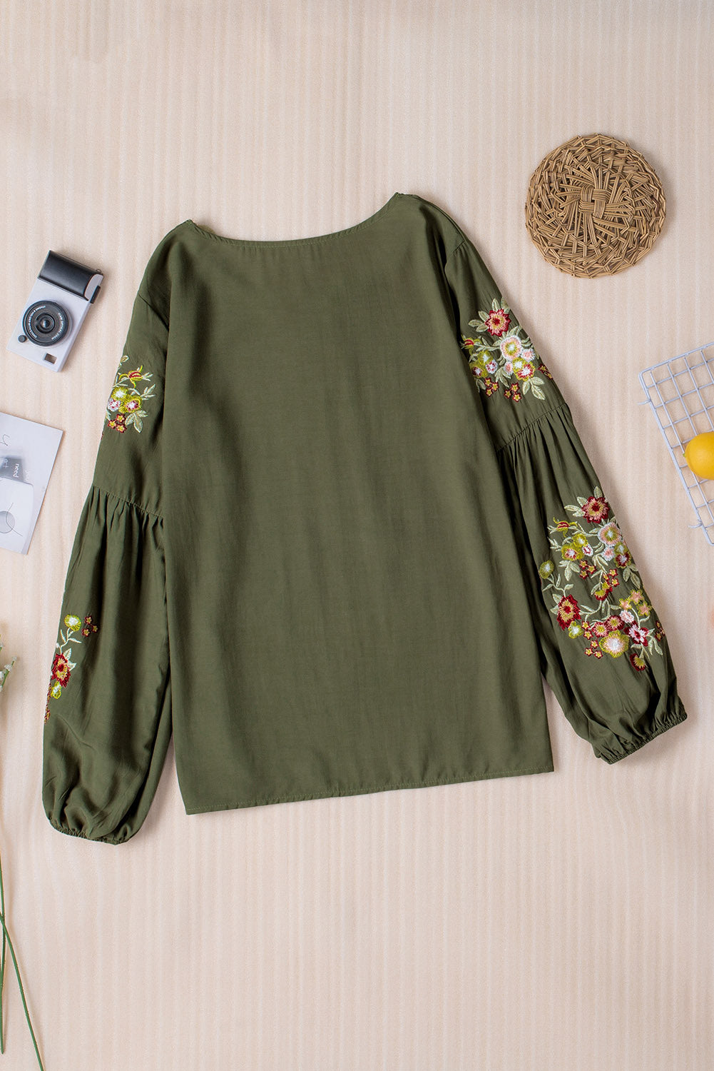 Green Floral Embroidery Long Sleeve Top