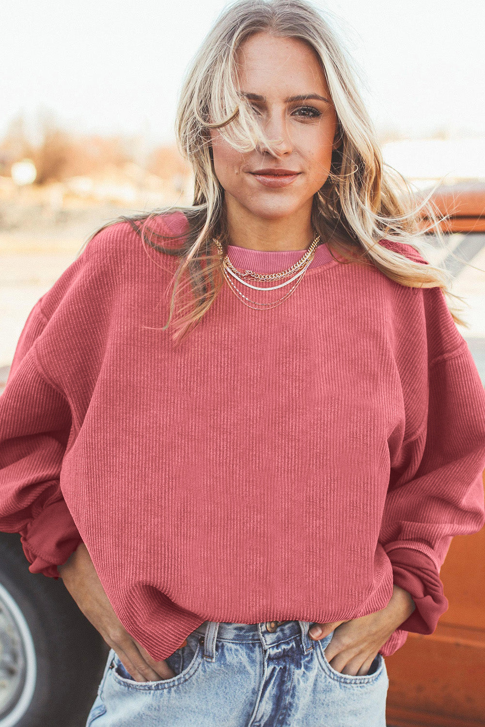 Strawberry Pink Ribbed Corded Oversized Sweatshirt