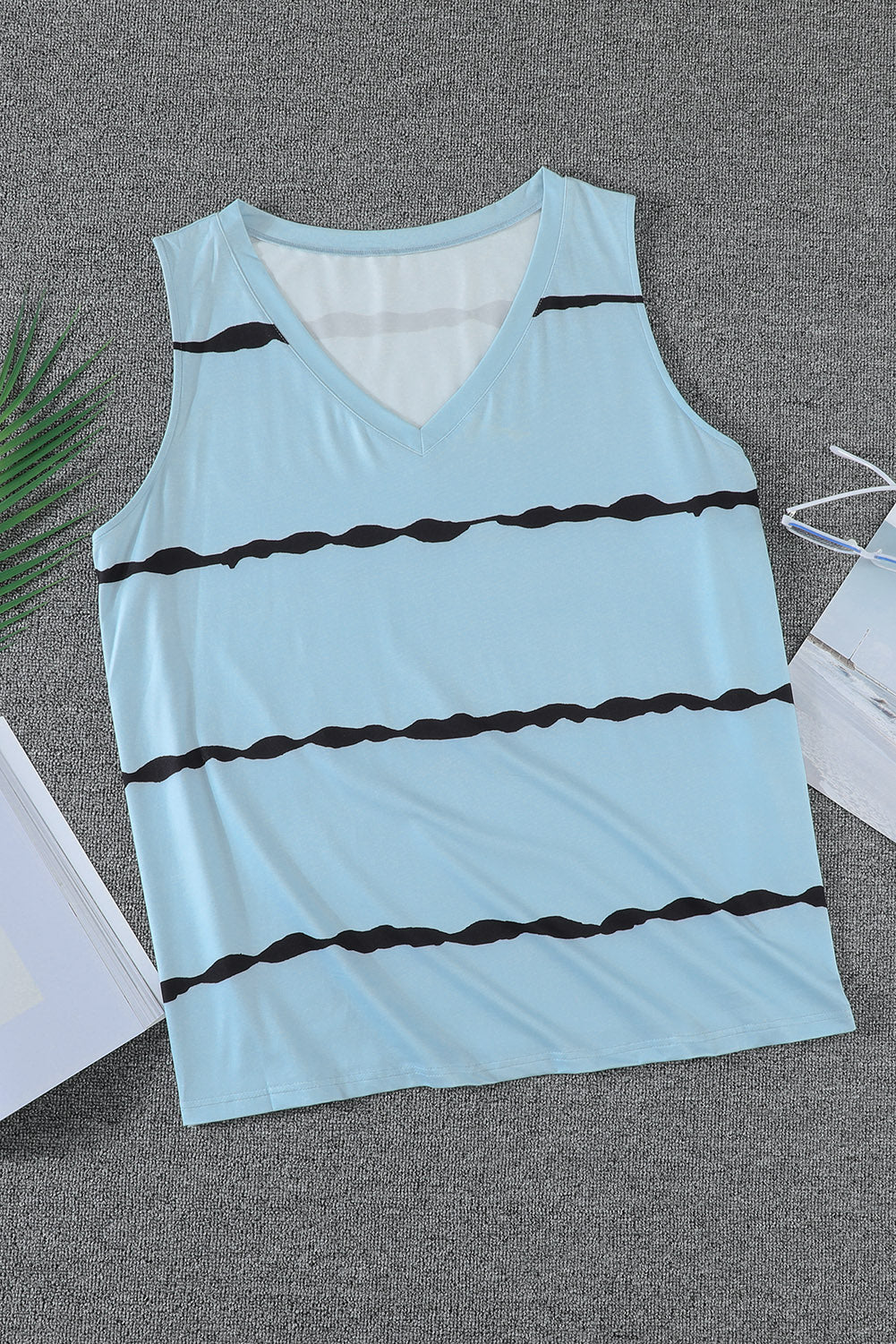 Gray Stripe Print V Neck Plus Size Tank