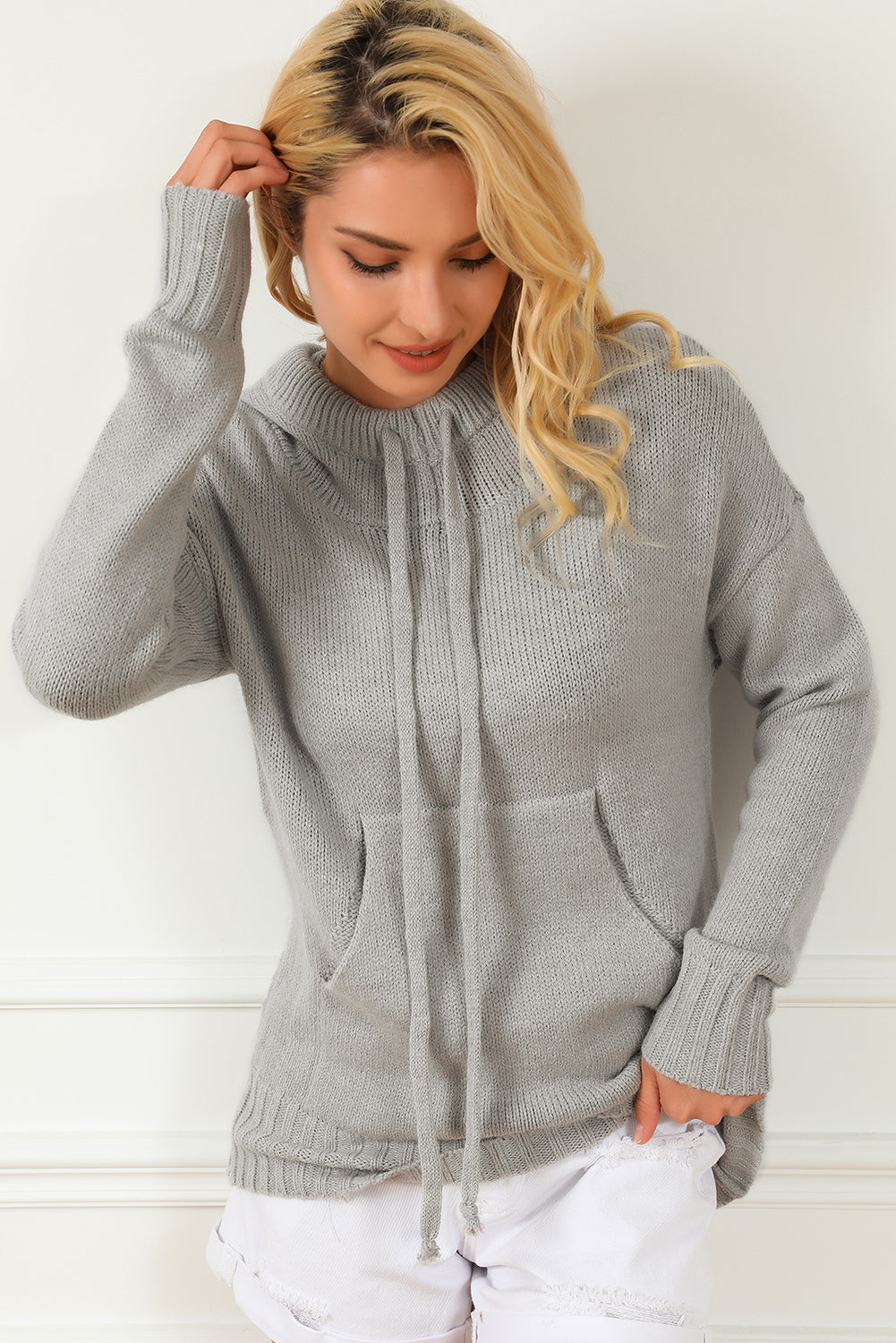 Gray Cowl Neck Drawstring Pullover Hooded Sweater