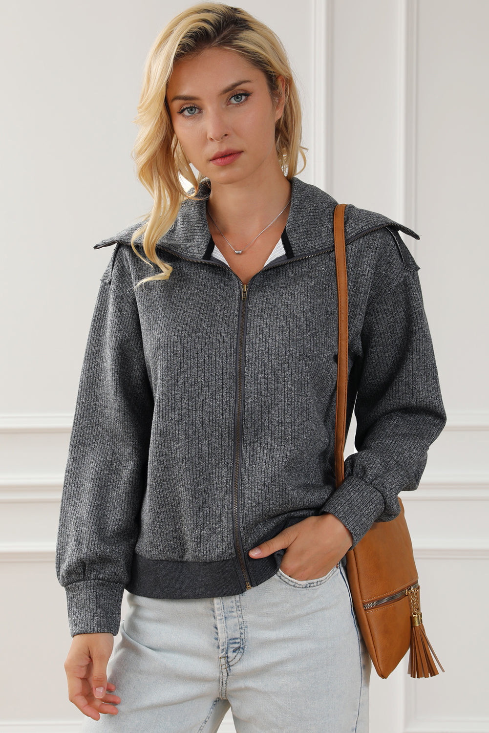 Gray Zip Front Cape Knit Jacket