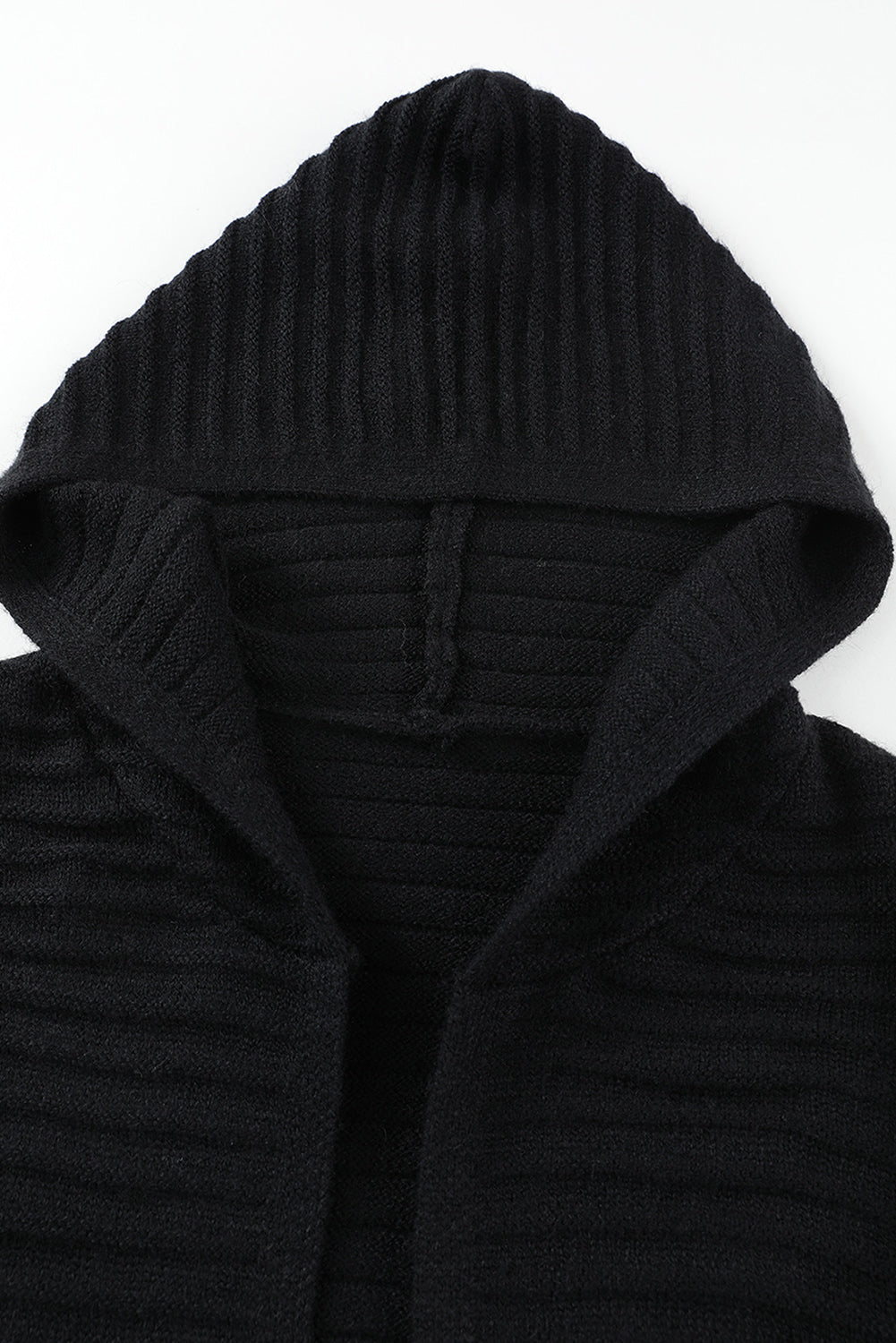 Black Horizontal Rib Knitted Open Front Hooded Cardigan