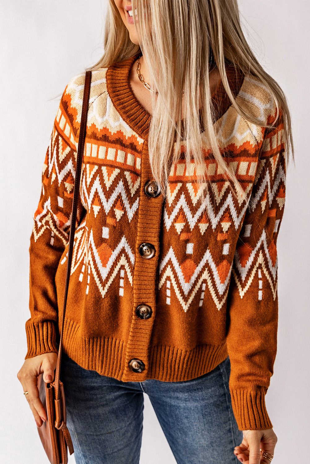 Brown Geometric Pattern Buttoned Knit Cardigan