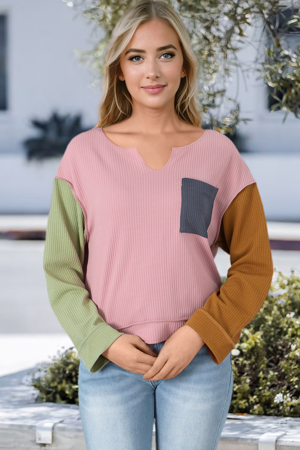 Pink Colorblock Rib Textured Loose Long Sleeve Top