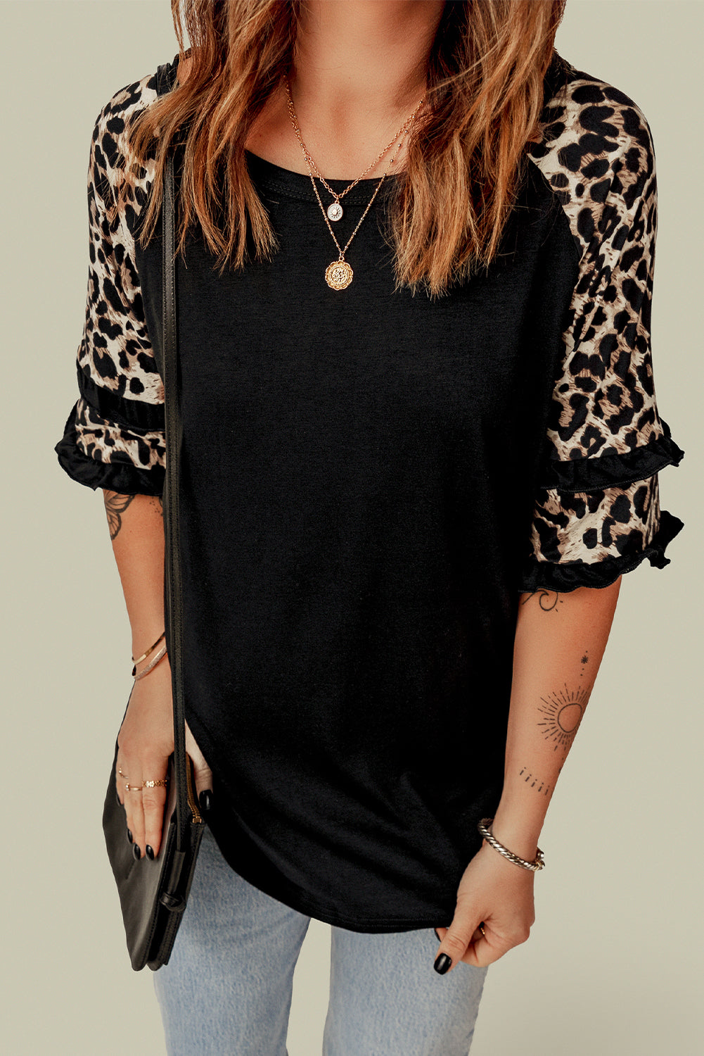 Black Ruffled Leopard Sleeve Patchwork Top