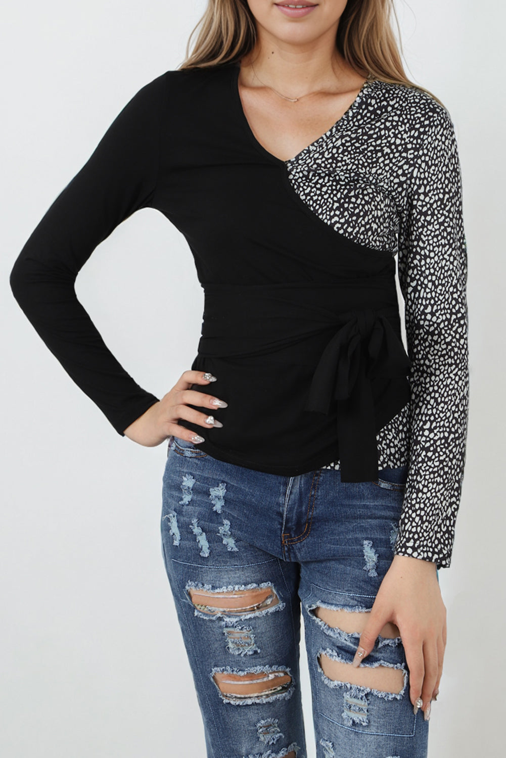 Black Contrast Printed Tie Side Wrapped Long Sleeve Top