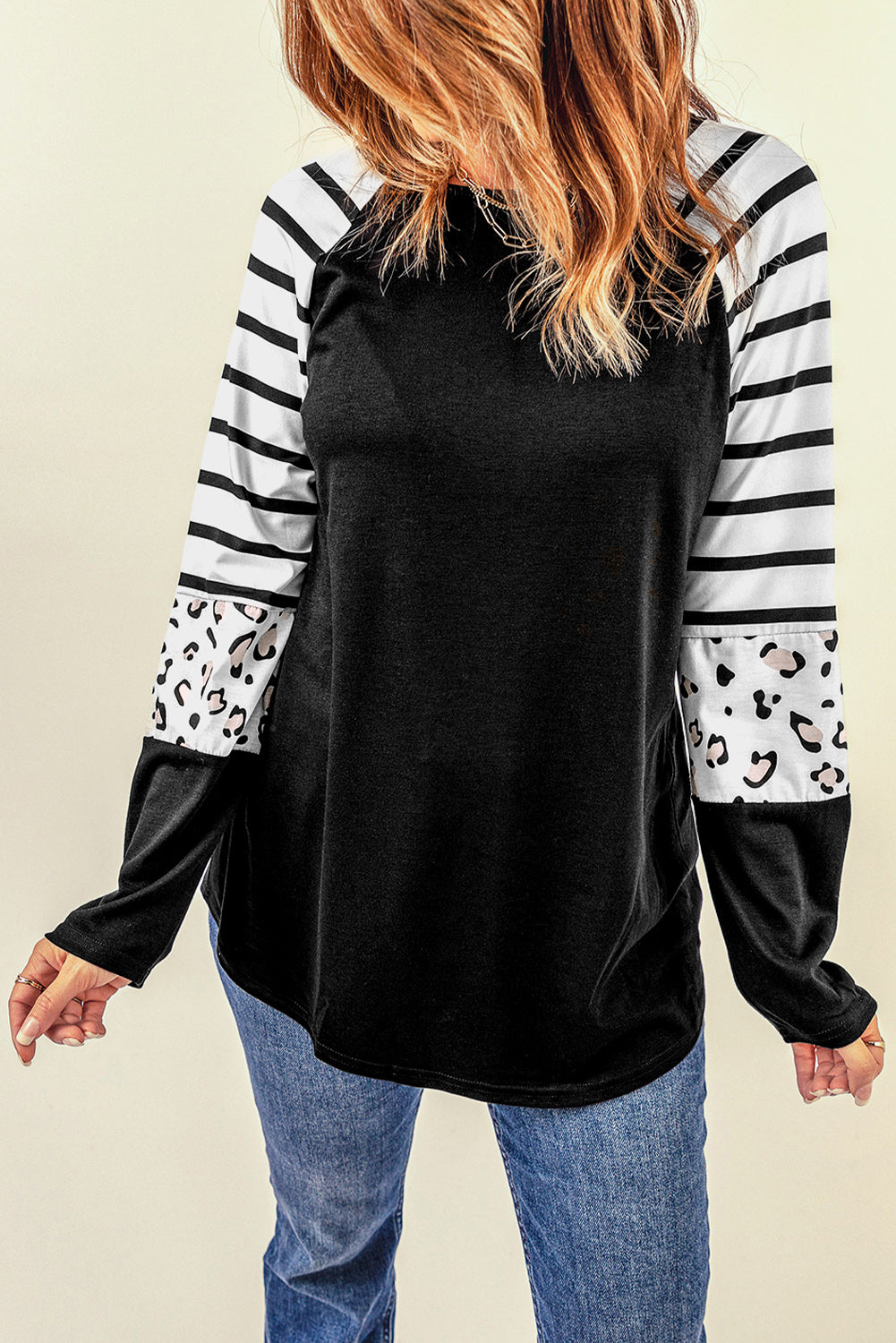 Black Striped Animal Print Colorblock Long Sleeve Top