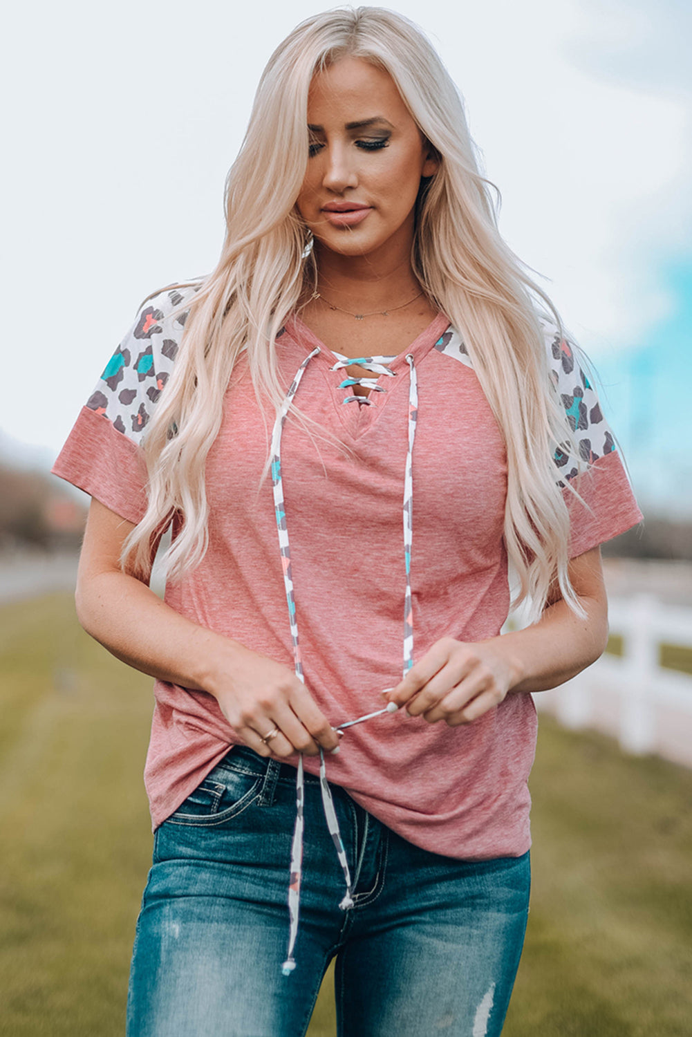 Pink Lace up Leopard Sleeve T Shirt