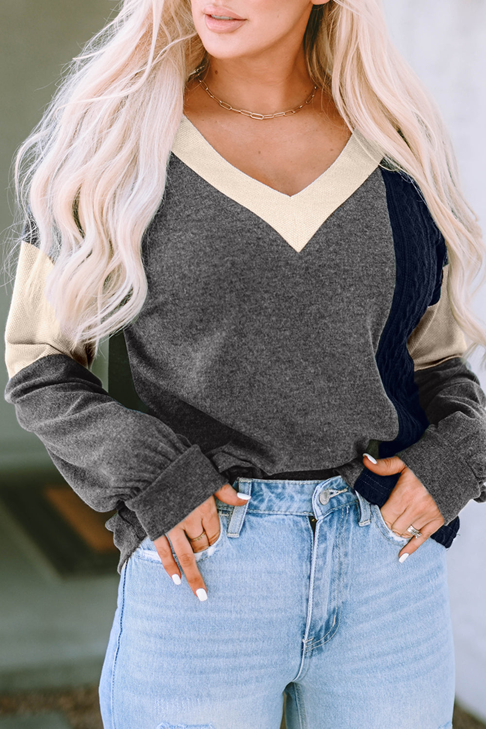 Black Brushed Contrast Knit V Neck Colorblock Long Sleeve Top