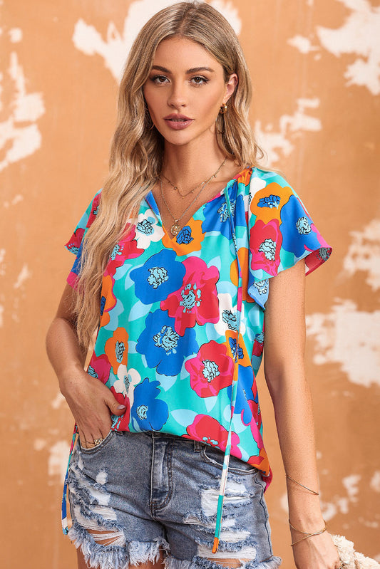 Multicolor Floral Print Drawstring V Neck Short Sleeve Blouse