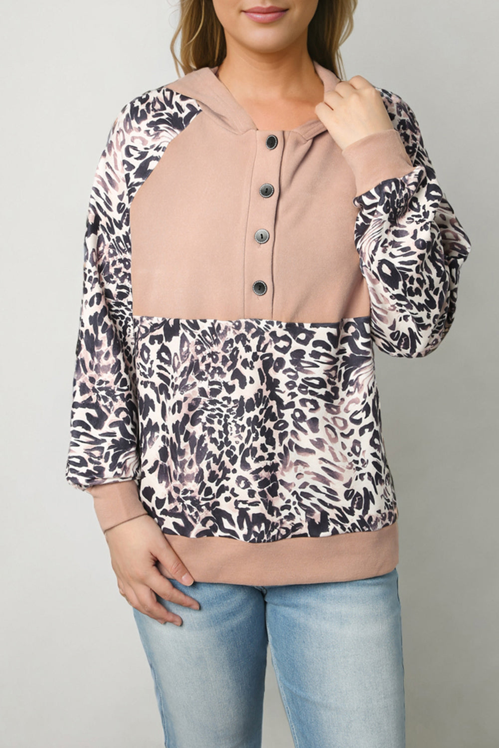 Leopard Print Buttoned Neckline Raglan Sleeve Hoodie