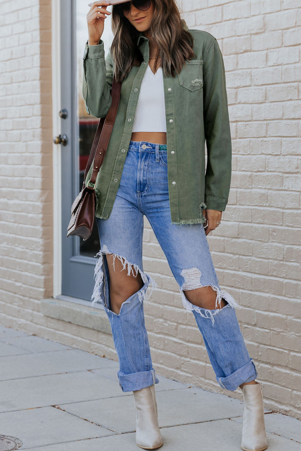 Green Ripped Denim Jacket