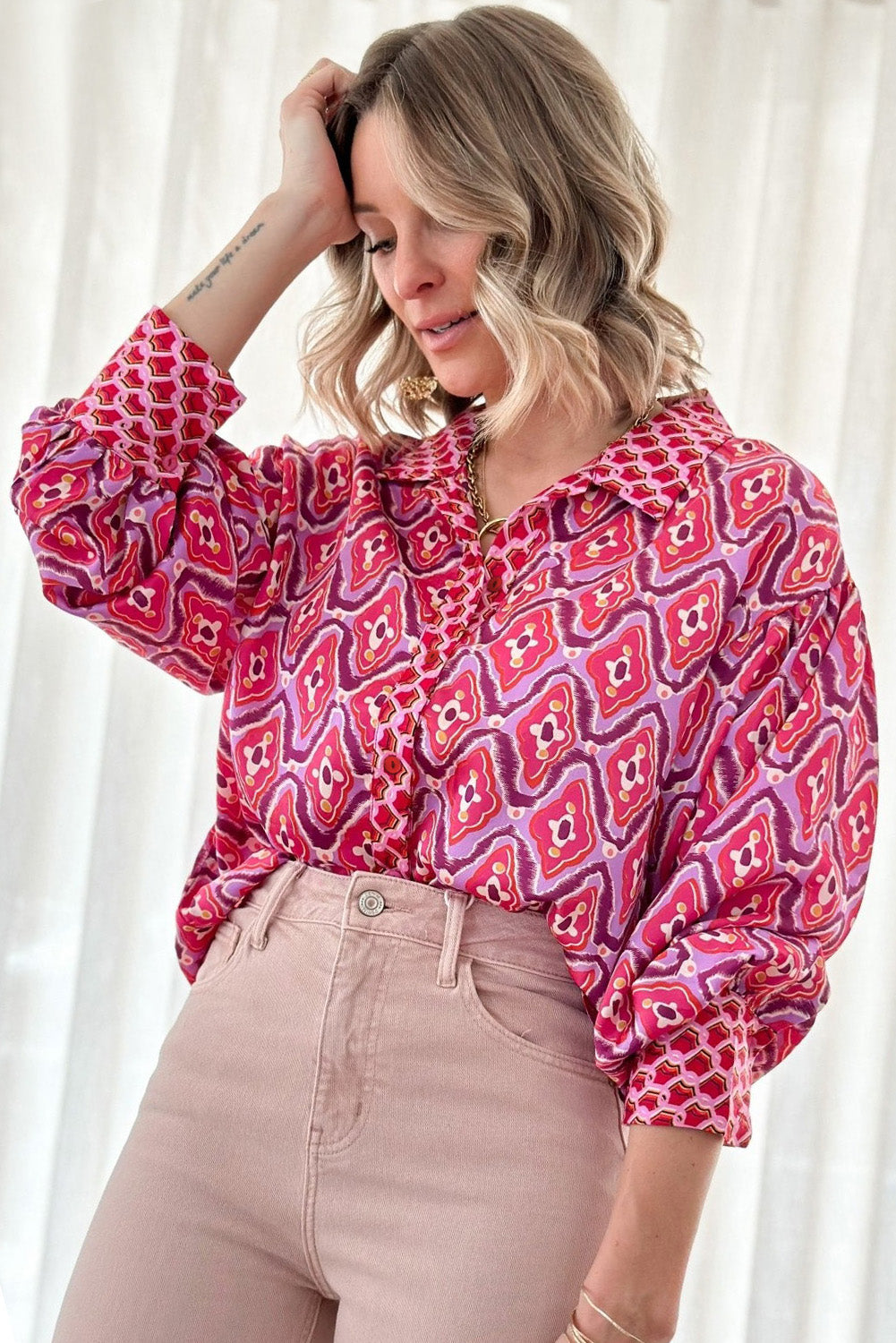 Rose Abstract Print Button Up Long Sleeve Shirt