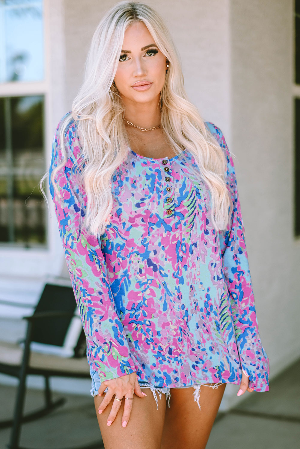 Multicolor Printed Wide Neck Thumbhole Sleeve Henley Top