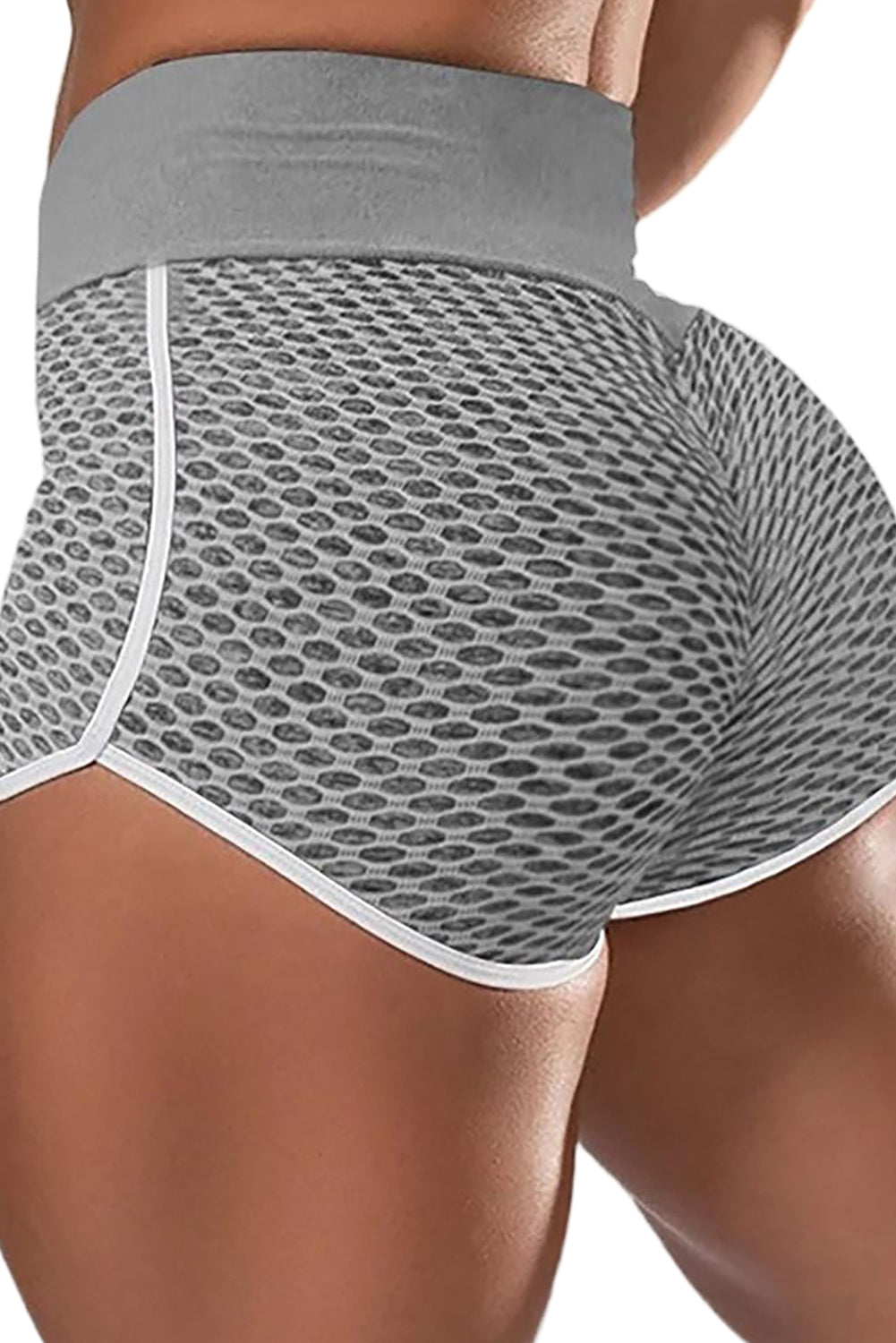 Gray High Waist Honeycomb Contrast Stripes Butt Lifting Yoga Shorts