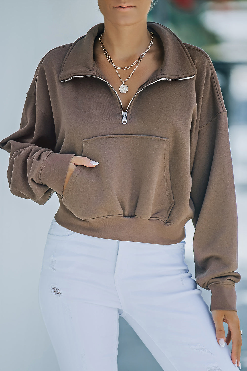 Brown Zipped Turn Down Collar Cropped Sweatshirt with Pocket