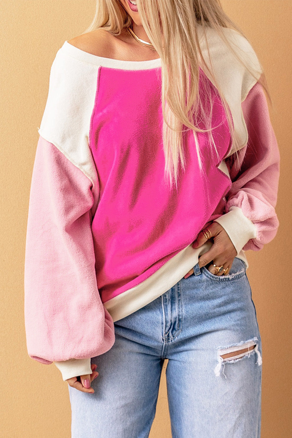 Rose Colorblock Long Sleeve Pullover Fleece Sweatshirt