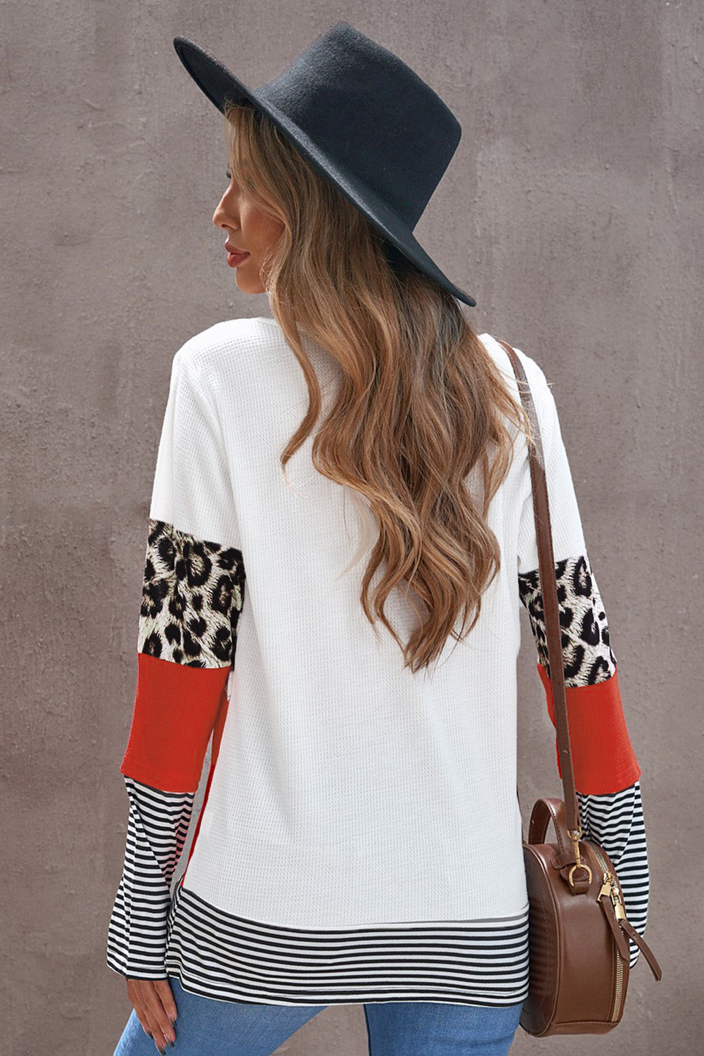 Orange Stripes Leopard Splicing Colorblock Long Sleeve Top