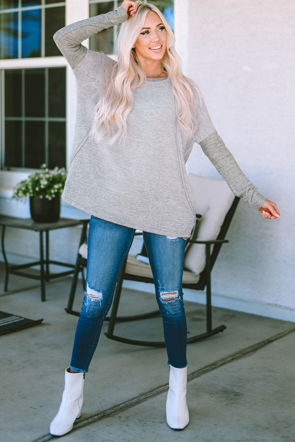 Gray Exposed Seam Patchwork Long Sleeve Top