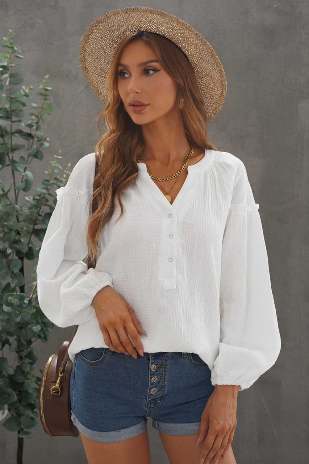 White Casual Balloon Sleeve Crinkled Top