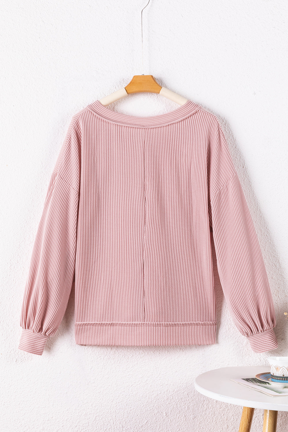 Peach Blossom Loose V Neck Bubble Sleeve Knit Ribbed Top