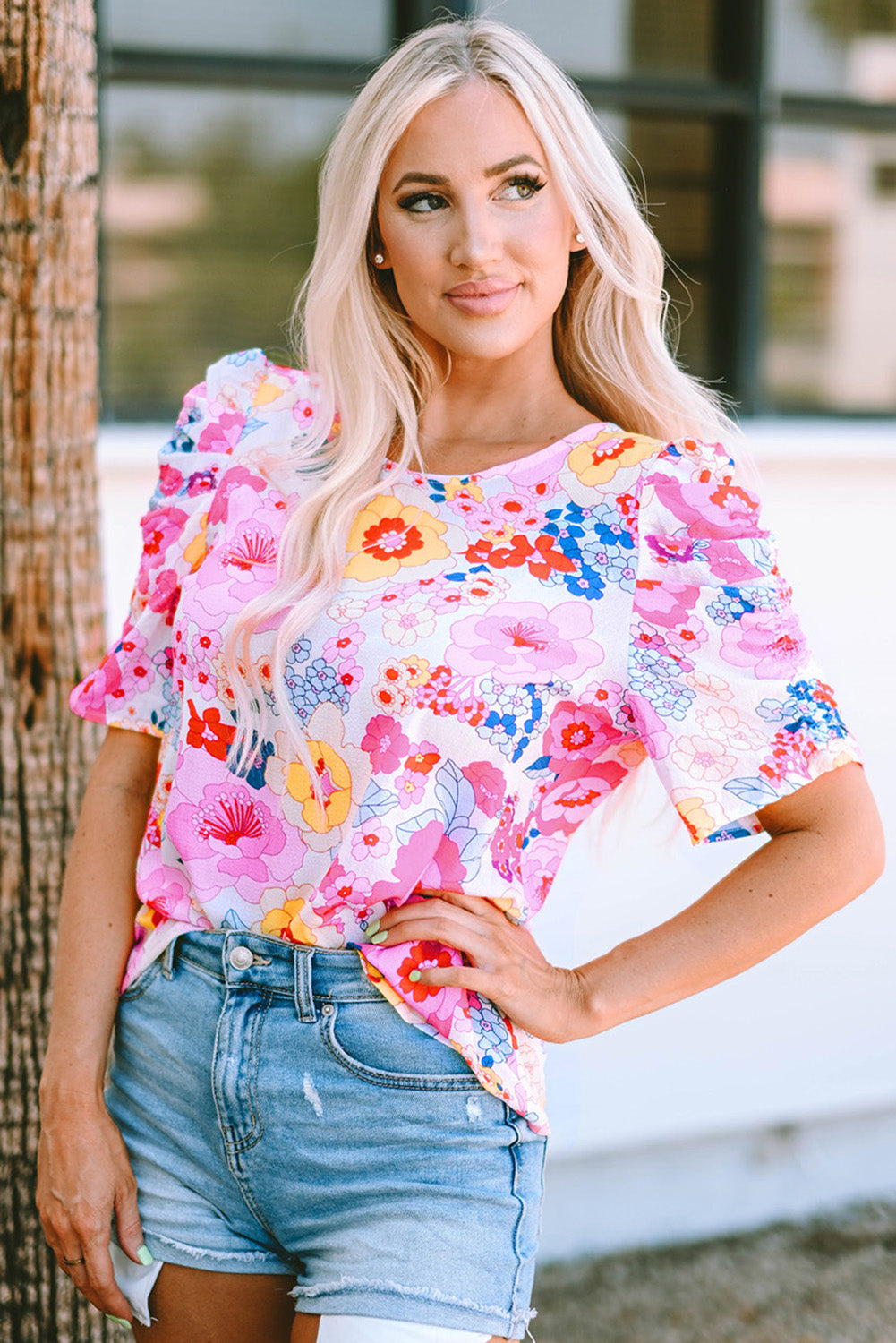 Ruched Puff Sleeve Floral Blouse