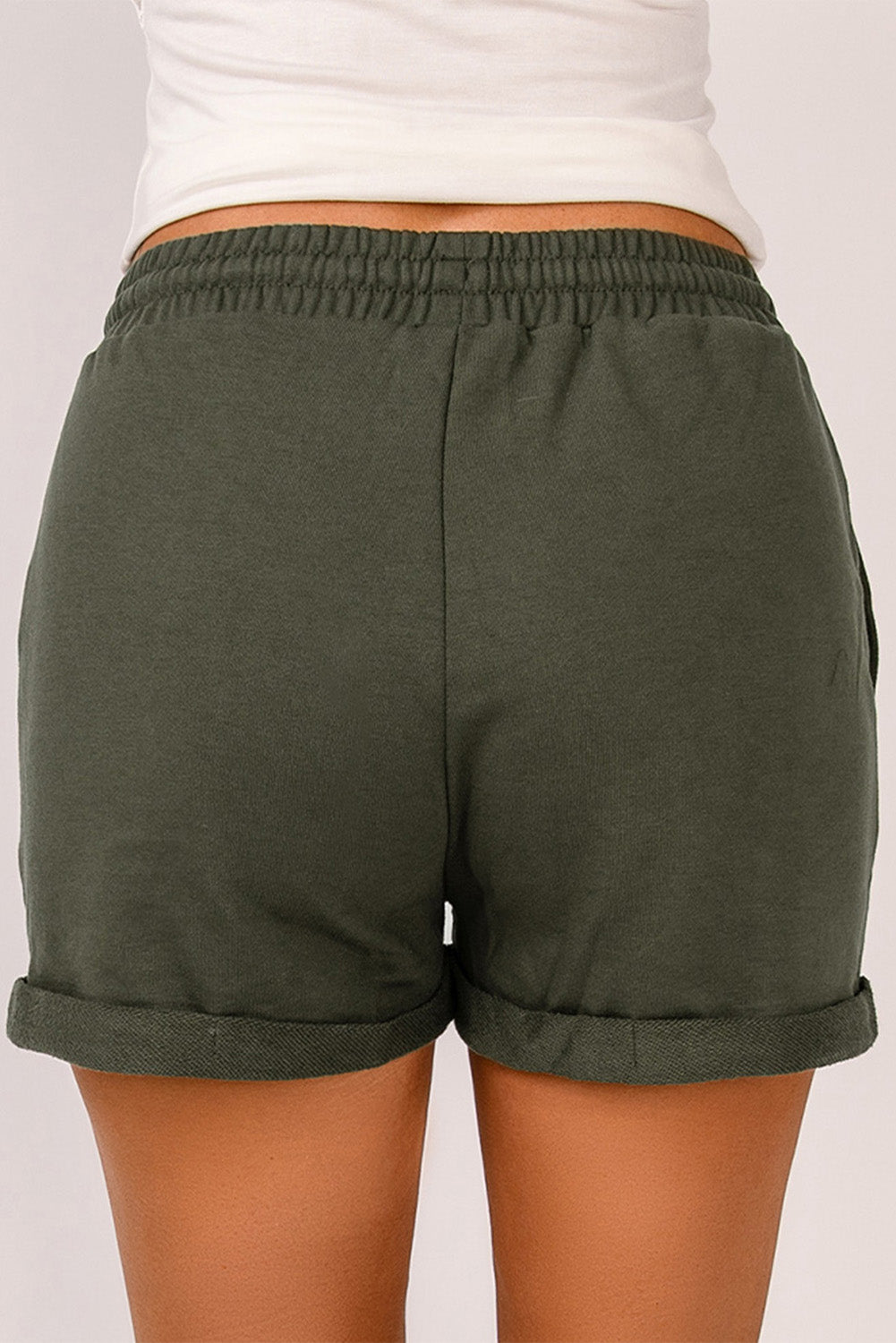 Green Tie Waist Side Pockets Cuffed Lounge Shorts