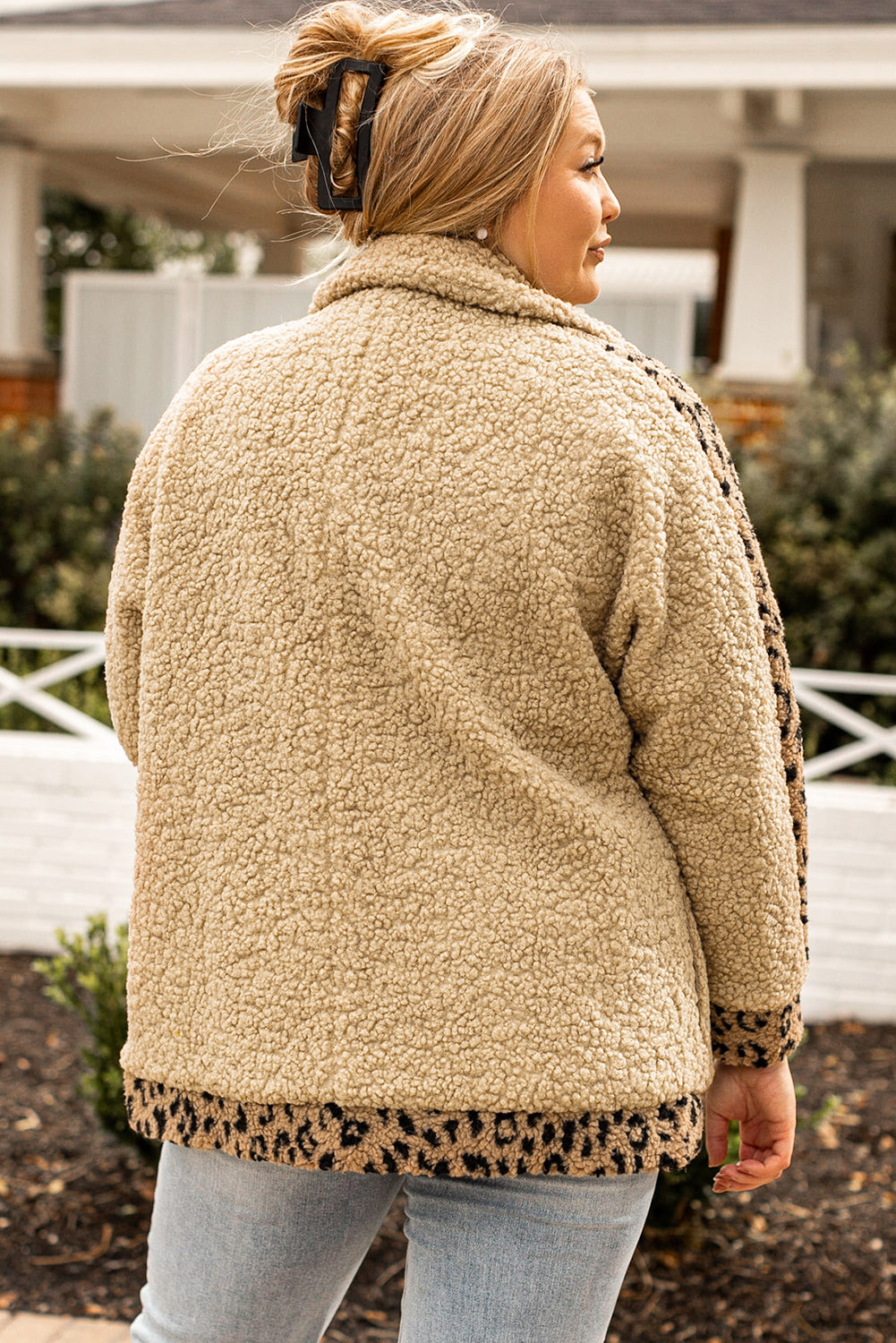 Khaki Plus Size Leopard Trim Button up Sherpa Jacket