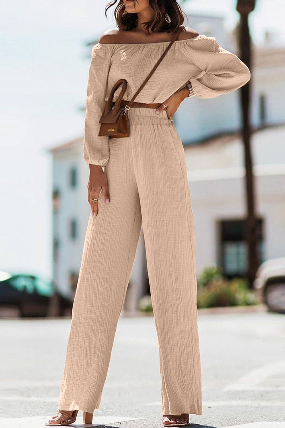 Khaki Long Puff Sleeve High Waist Crinkle Two Piece Set