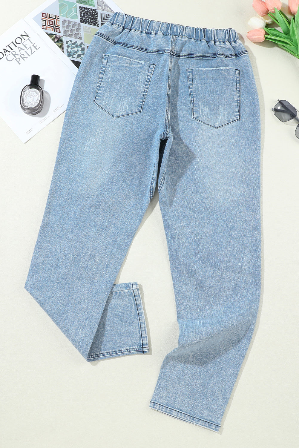 Plaid Patches Cotton Pocketed Denim Jeans