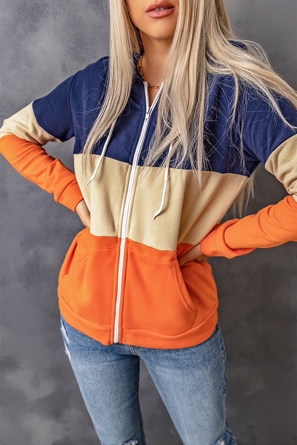 Orange Zip Front Color Block Splicing Drawstring Hoodie