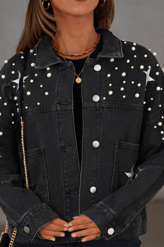 Black Distressed Pearls Star Cropped Denim Jacket