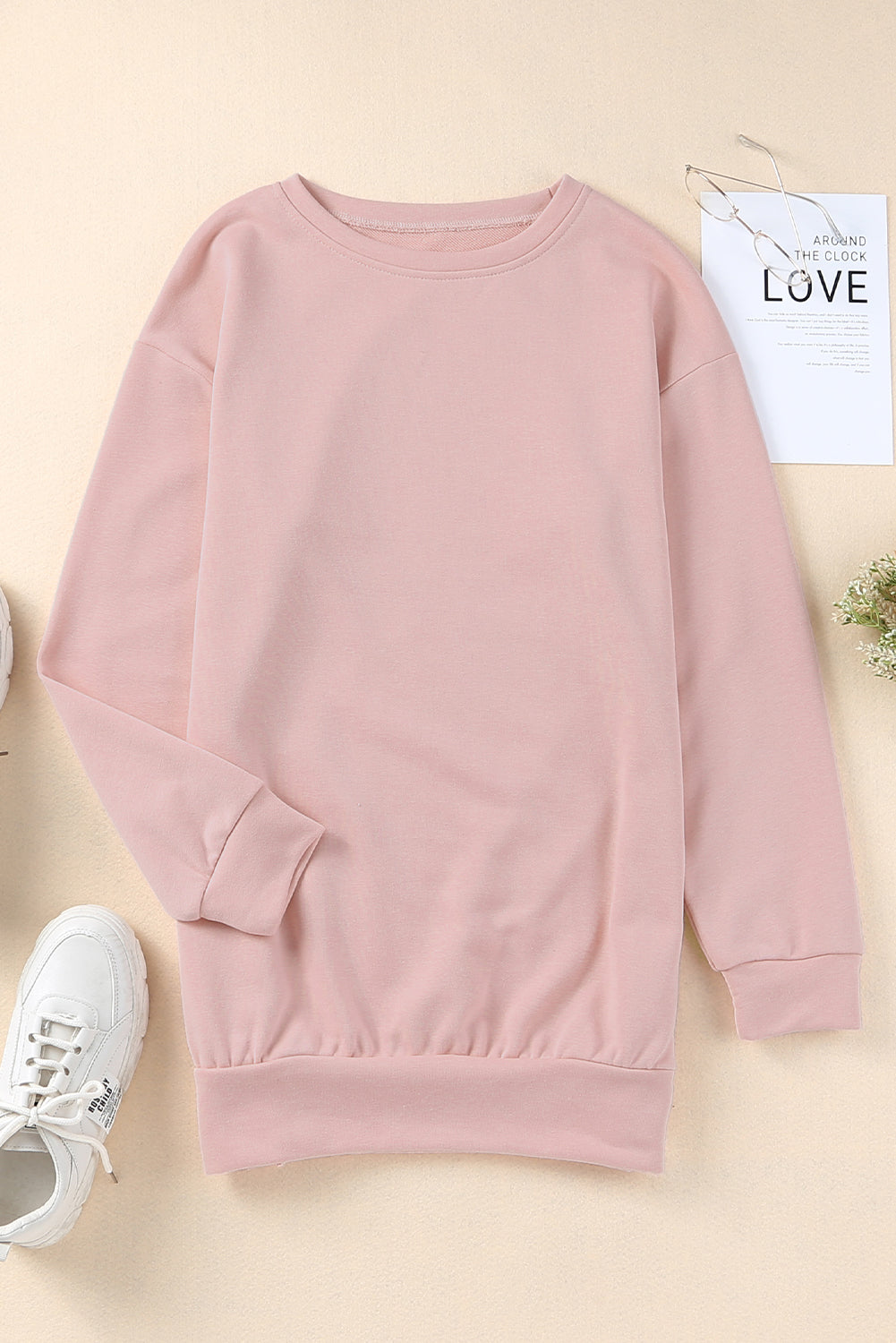 Pink Crew Neck Slit Buttons Sweatshirt