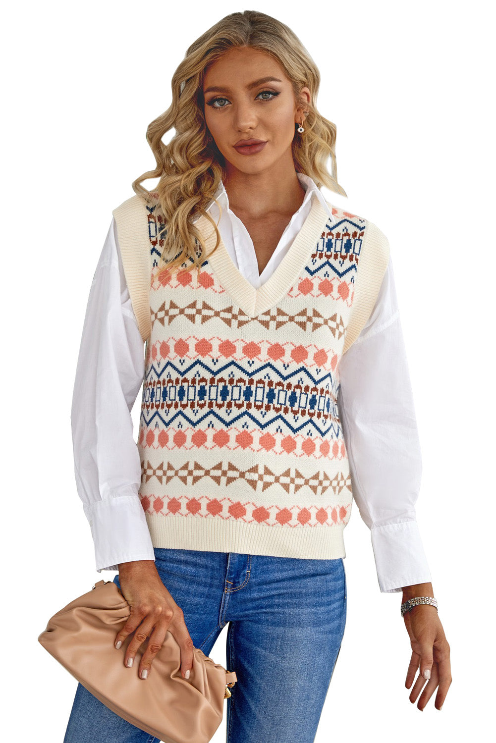White Tribal Print V Neck Knitted Sweater Vest