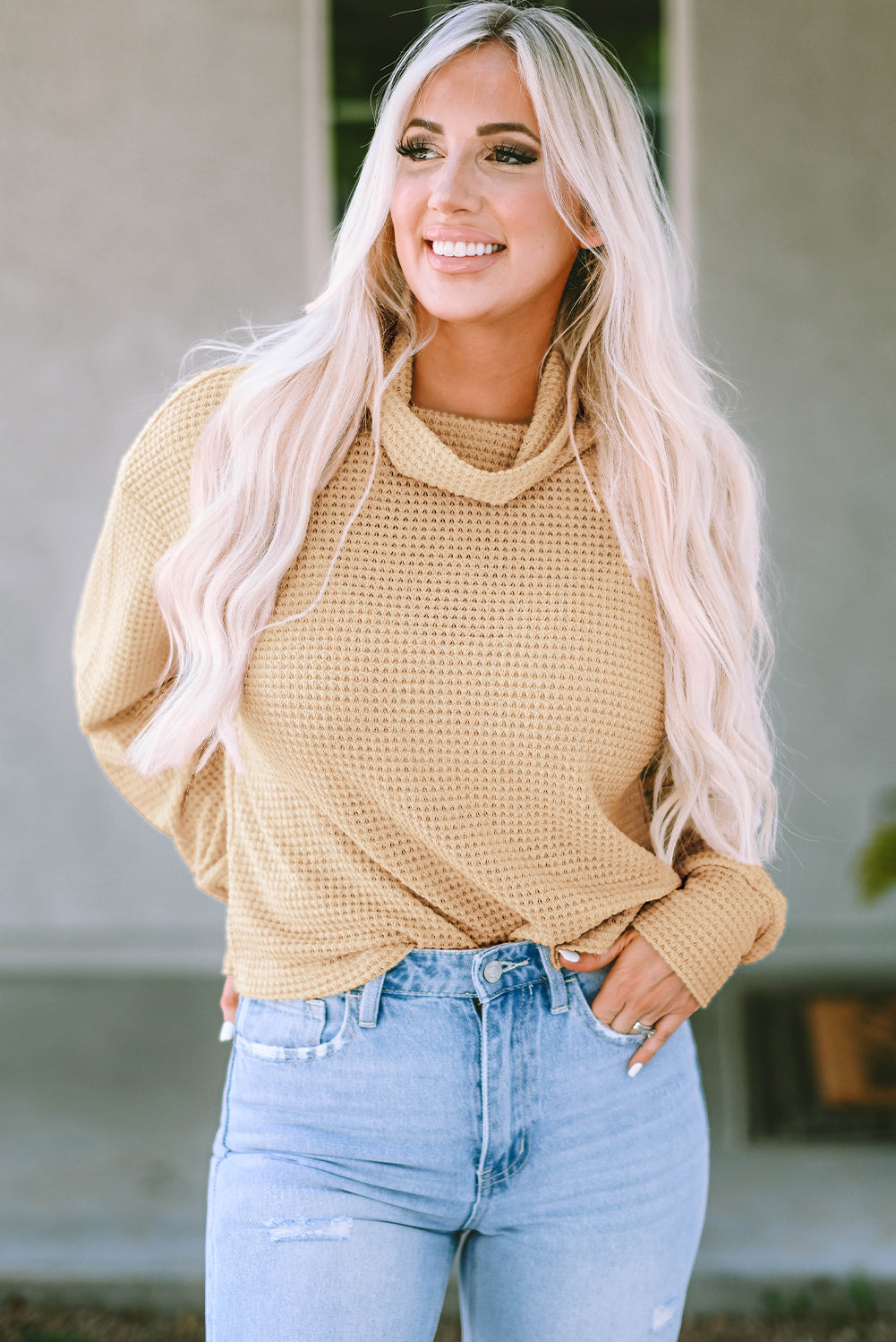 Apricot Solid Waffle Knit Turtleneck Long Sleeve Top