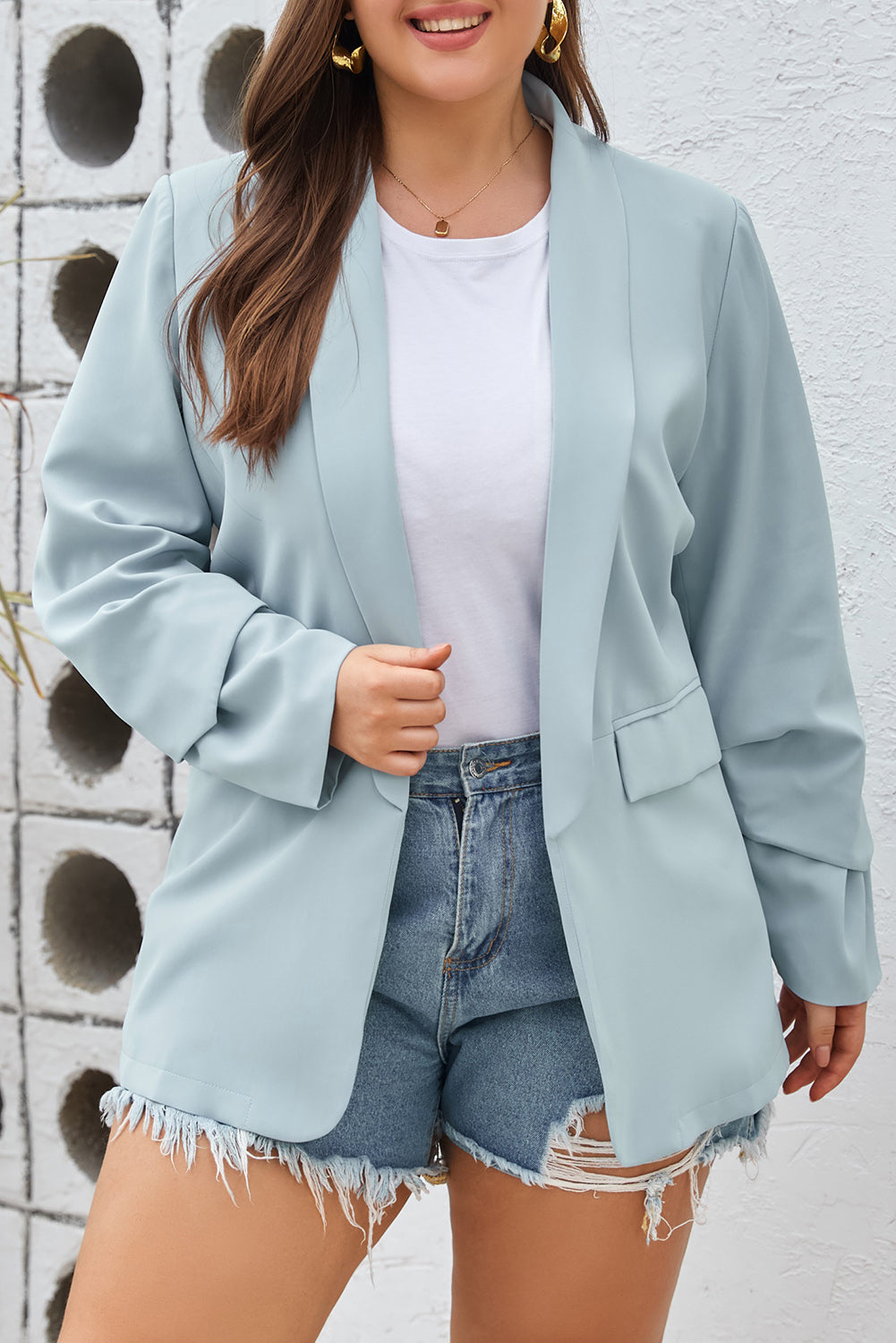 Sky Blue Plus Size Soft Lightweight Pocketed Lapel Blazer