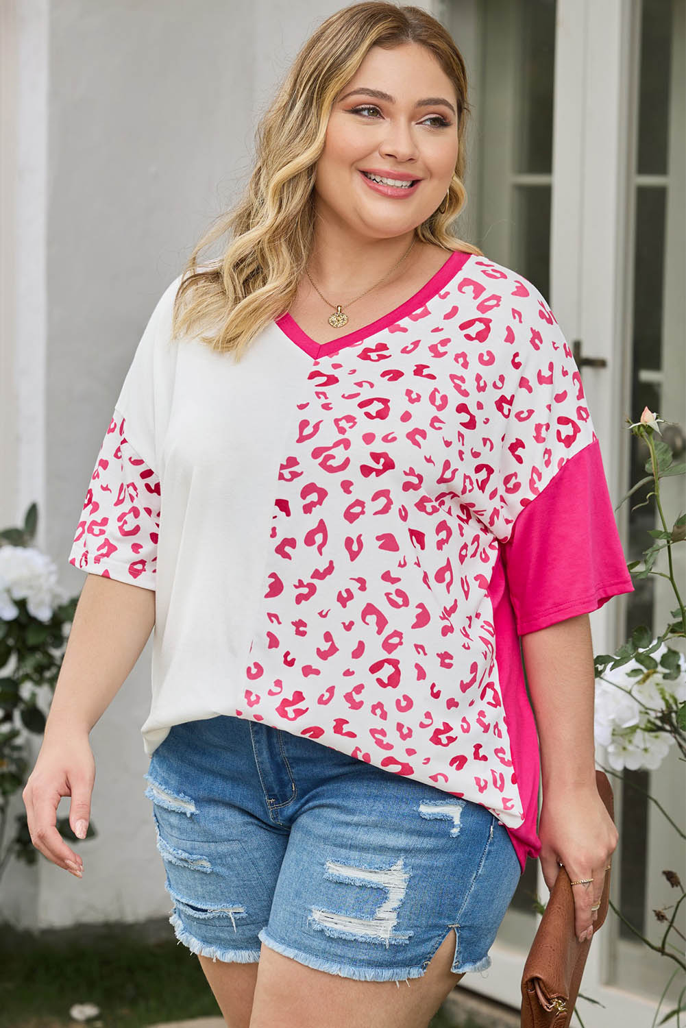 Rose Plus Size Leopard Patchwork Short Sleeve Top